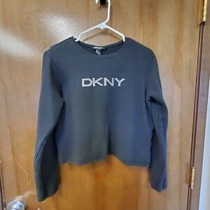 Vintage DKNY Women's Cropped Black Crewneck Sparkle Logo Sweatshirt size L